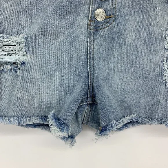 Forever 21 Denim Shorts Button Fly Blue Distressed Denim Fray - Picture 5 of 9